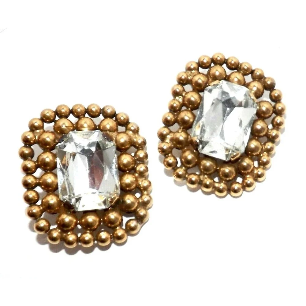 Vintage 80s Earrings Facet Stone Mogul Chunky Statement Clip On Gold tone